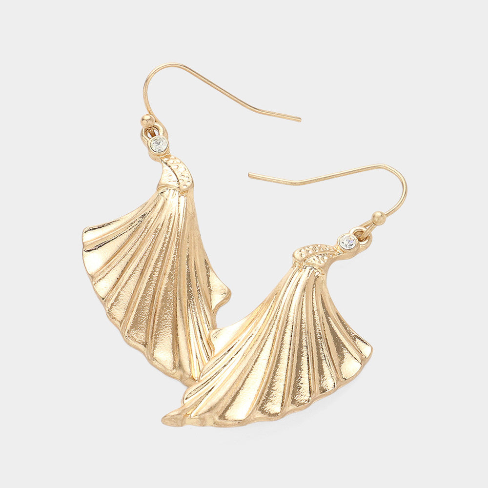 Clear, Worn Gold Stone Pointed Textured Shell Dangle Earrings