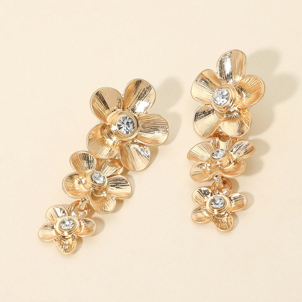 Madeline Love Clear, Worn Gold Stone Accent Triple Floral Link Drop Earrings - Hair Accessories