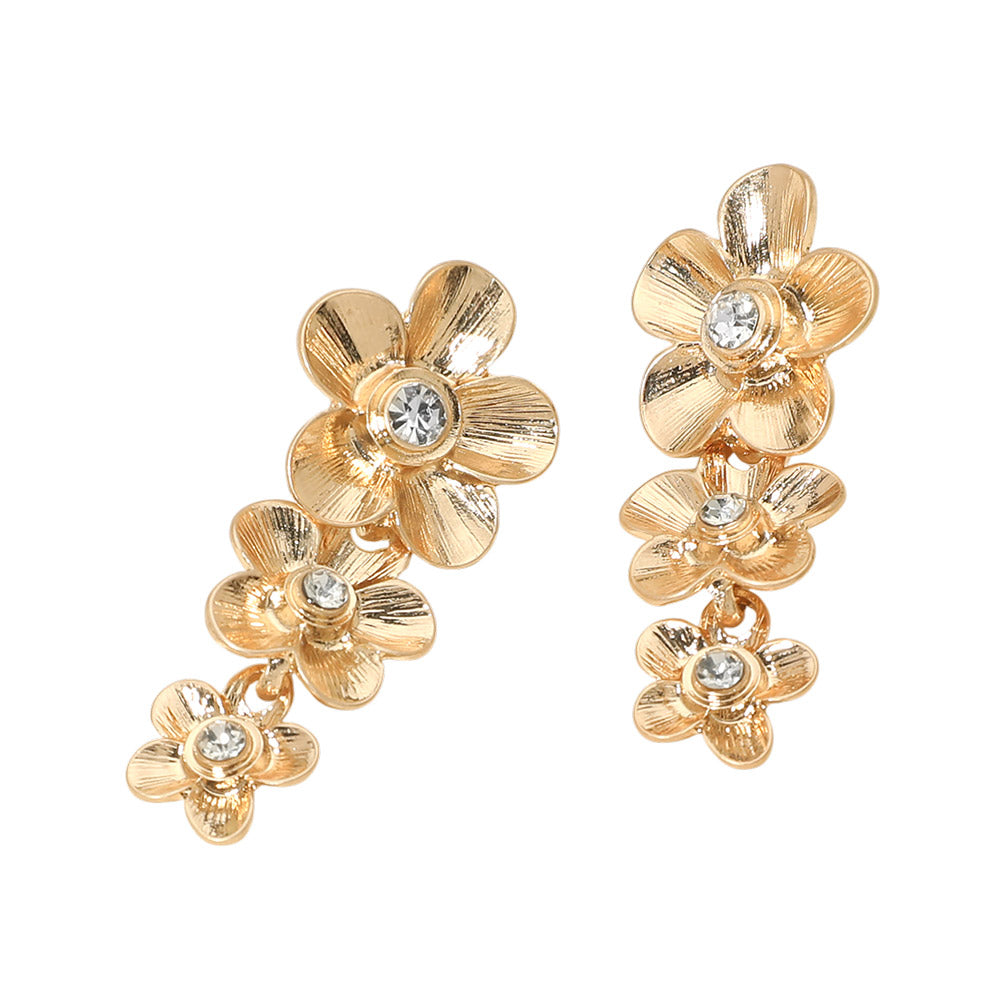 Madeline Love Clear, Worn Gold Stone Accent Triple Floral Link Drop Earrings - Hair Accessories - desc