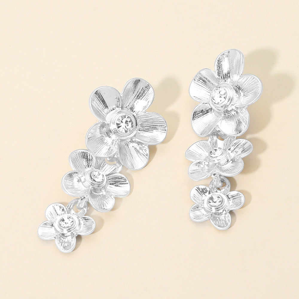 Madeline Love Clear, Worn Silver Stone Accent Triple Floral Link Drop Earrings - Hair Accessories