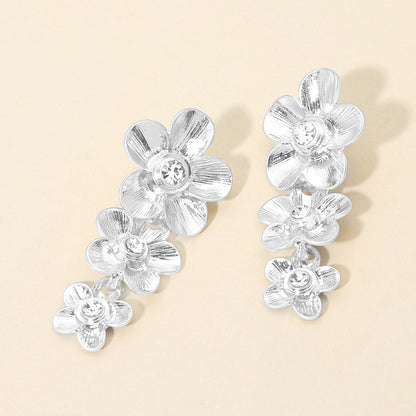 Madeline Love Clear, Worn Silver Stone Accent Triple Floral Link Drop Earrings - Hair Accessories