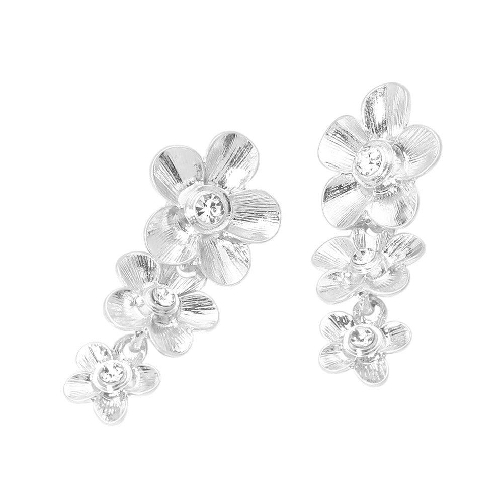Madeline Love Clear, Worn Silver Stone Accent Triple Floral Link Drop Earrings - Hair Accessories - desc