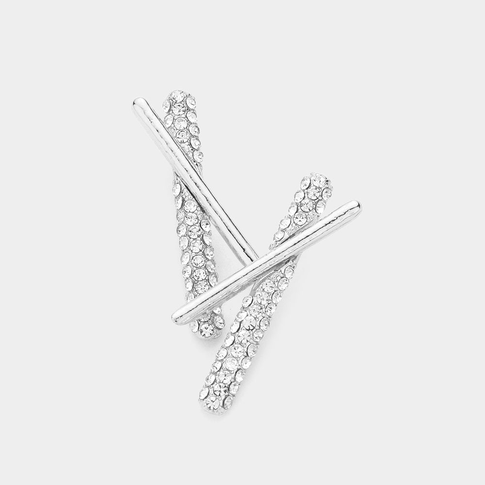 Madeline Love Silver Stone Paved Metal Bar Crossed Earrings