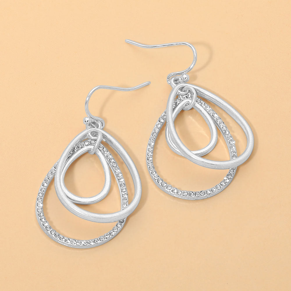 Madeline Love Clear, Worn Silver Rhinestone Pave Layered Open Teardrop Dangle Earrings