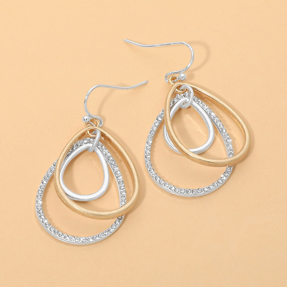 Madeline Love Clear, Two Tone, Worn Silver Rhinestone Pave Layered Open Teardrop Dangle Earrings