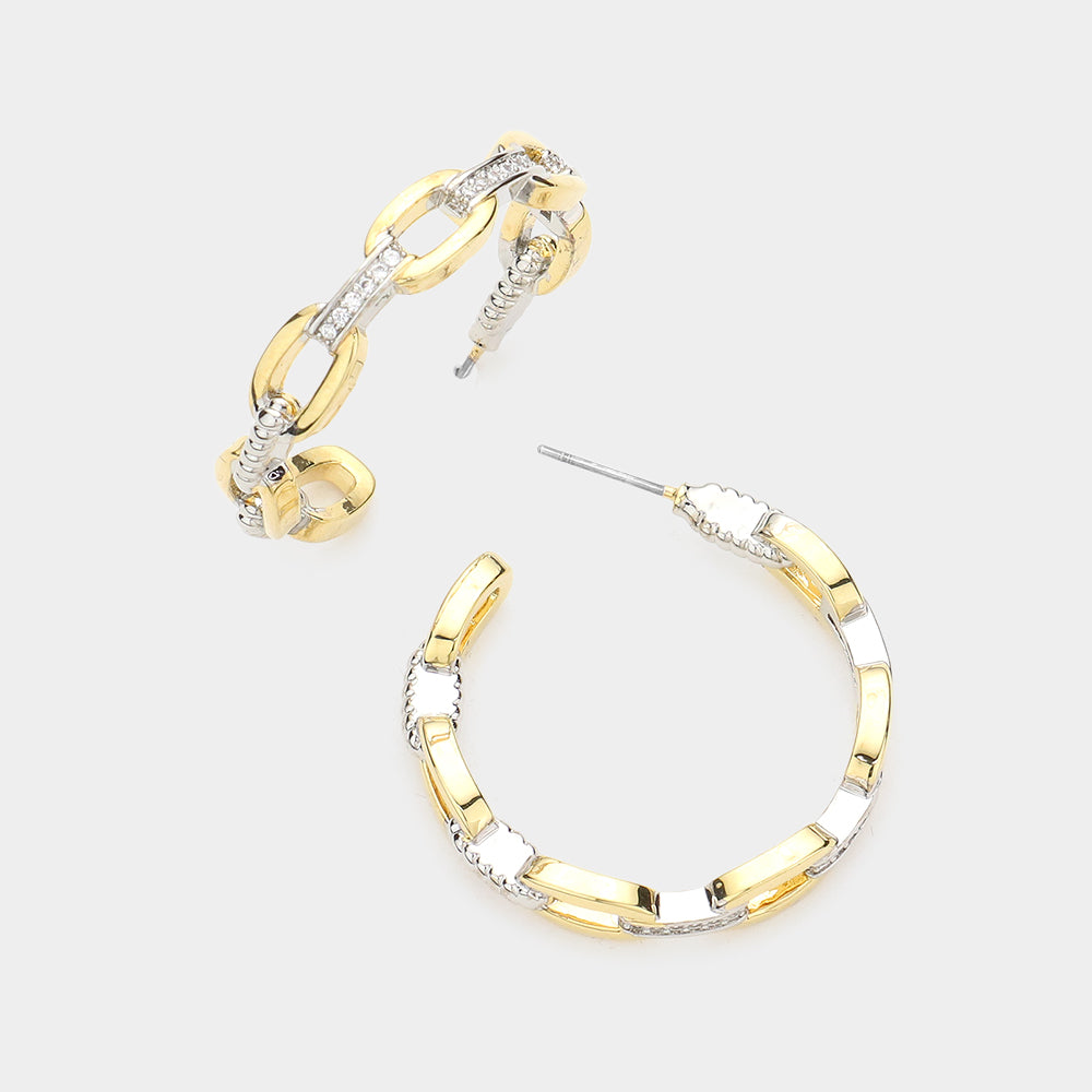 Madeline Love Two Tone Rhinestone Embellished Open Metal Oval Link Hoop Earrings