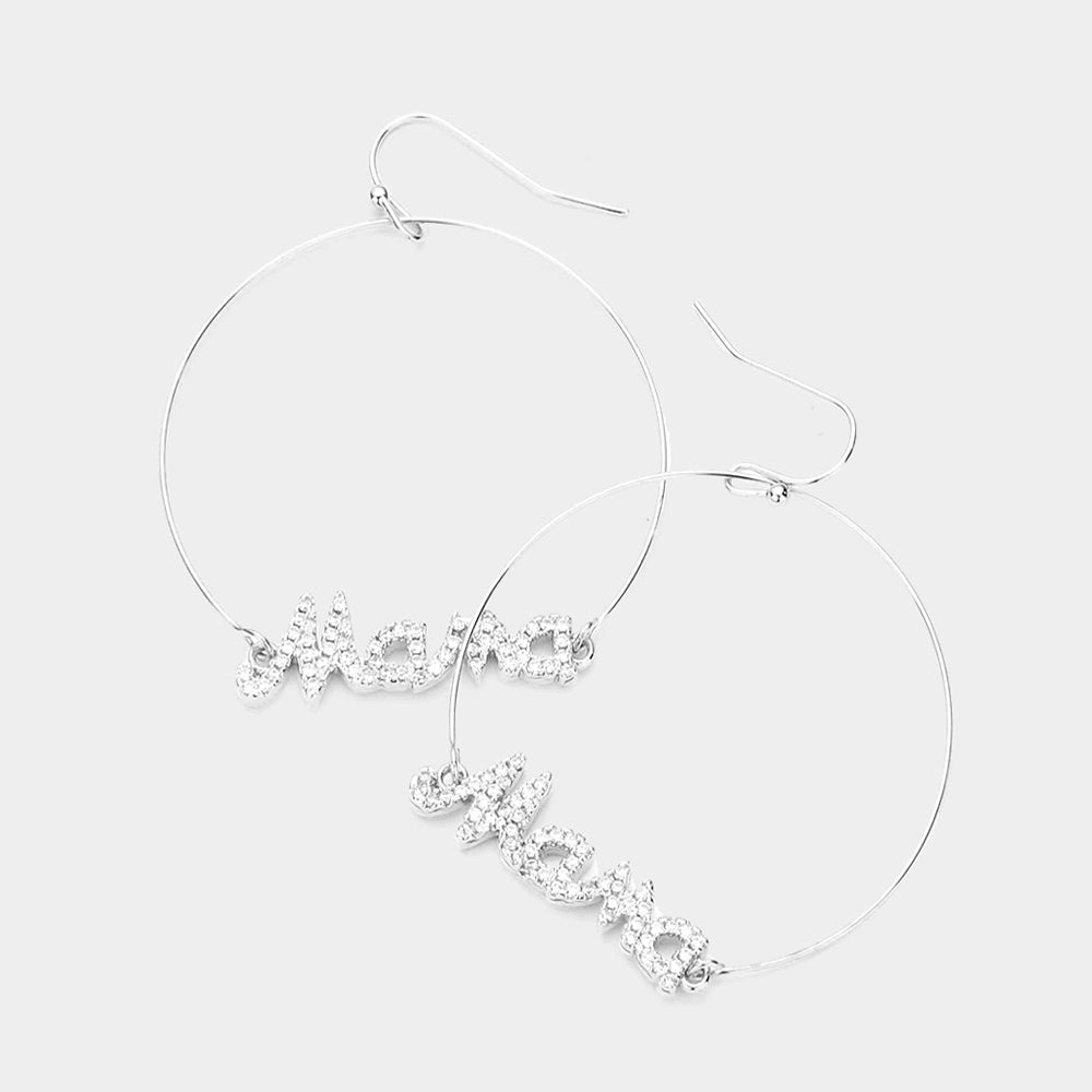 Madeline Love Rhodium Rhinestone Mama Accented Open Metal Circle Dangle Earrings