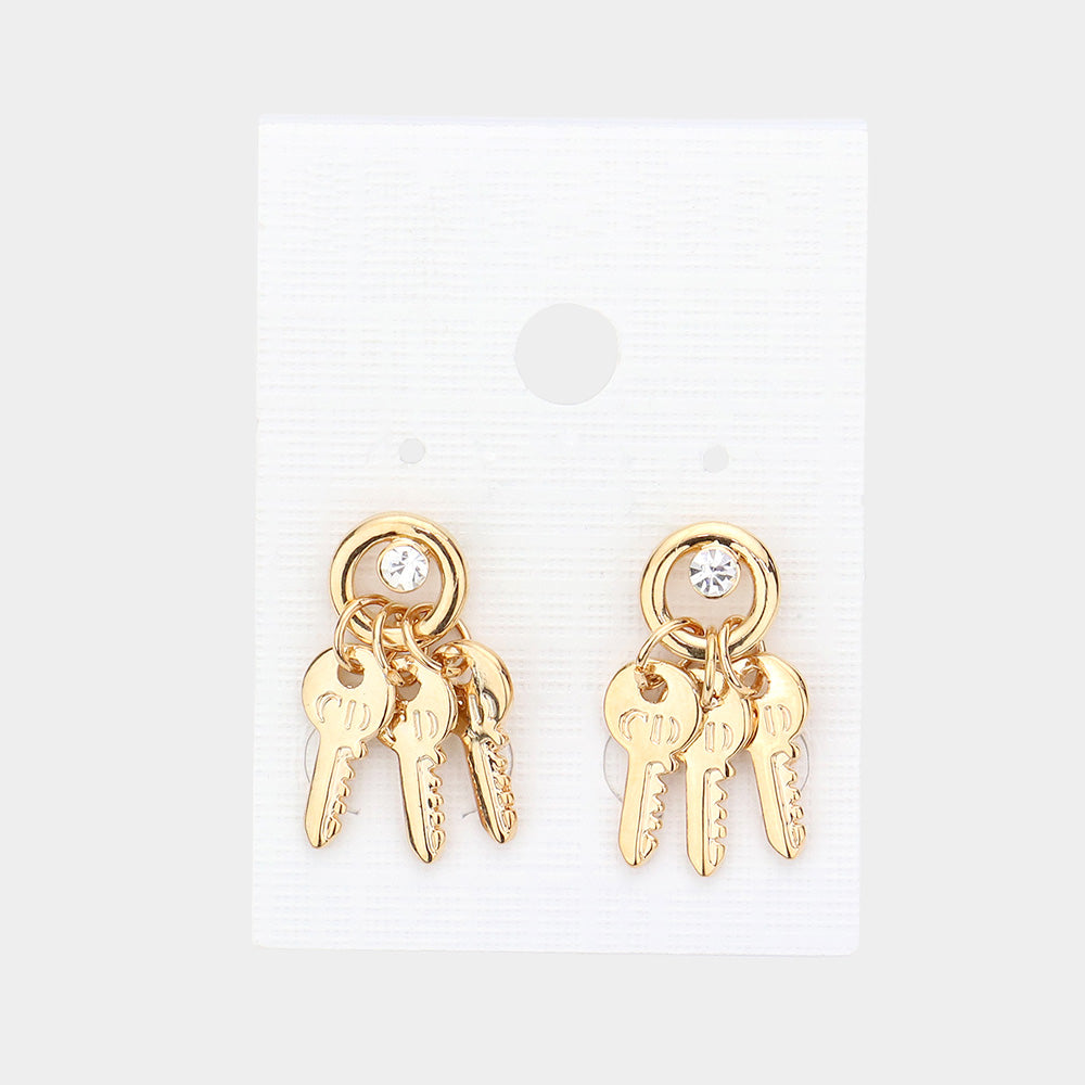 Madeline Love Gold Crystal detail triple metal key drop earrings - Jewelry