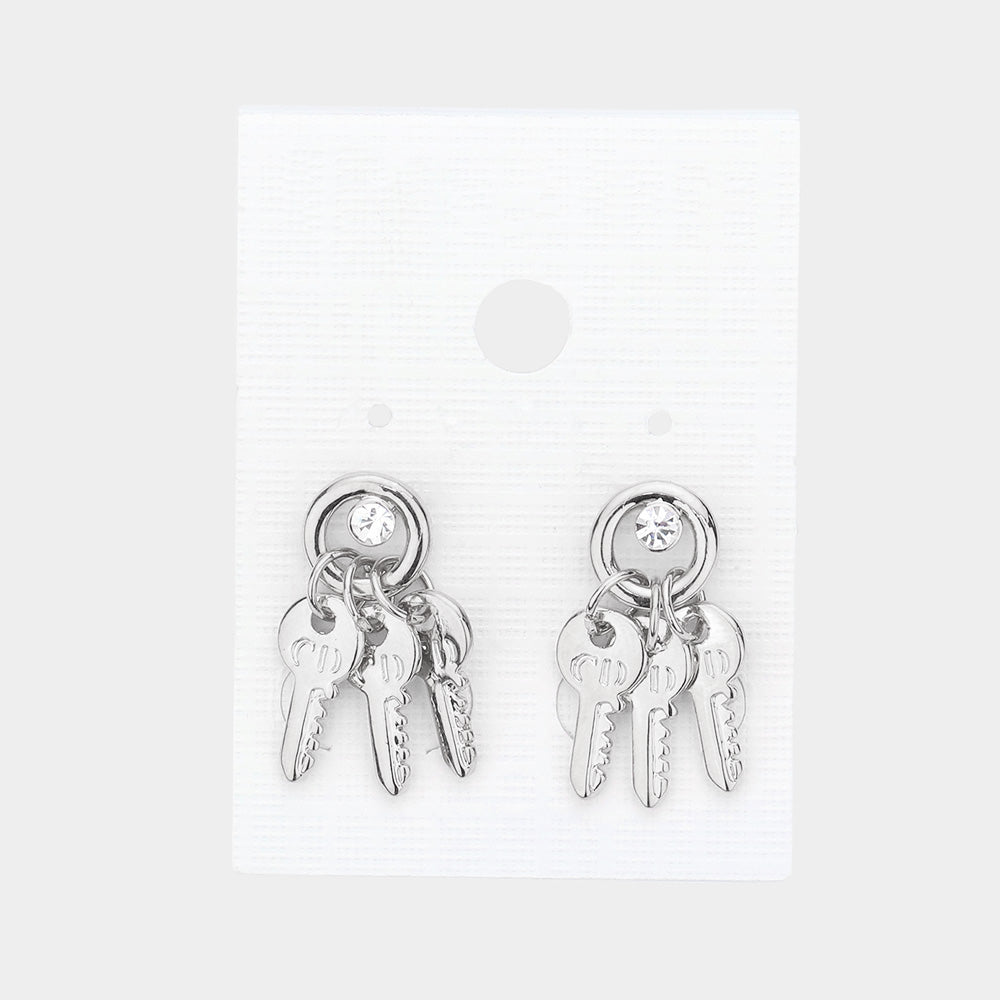 Madeline Love Rhodium Crystal detail triple metal key drop earrings - Jewelry