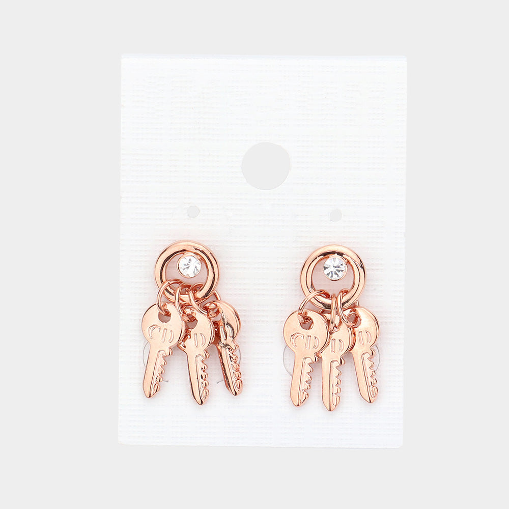 Madeline Love Rose Gold Crystal detail triple metal key drop earrings - Jewelry