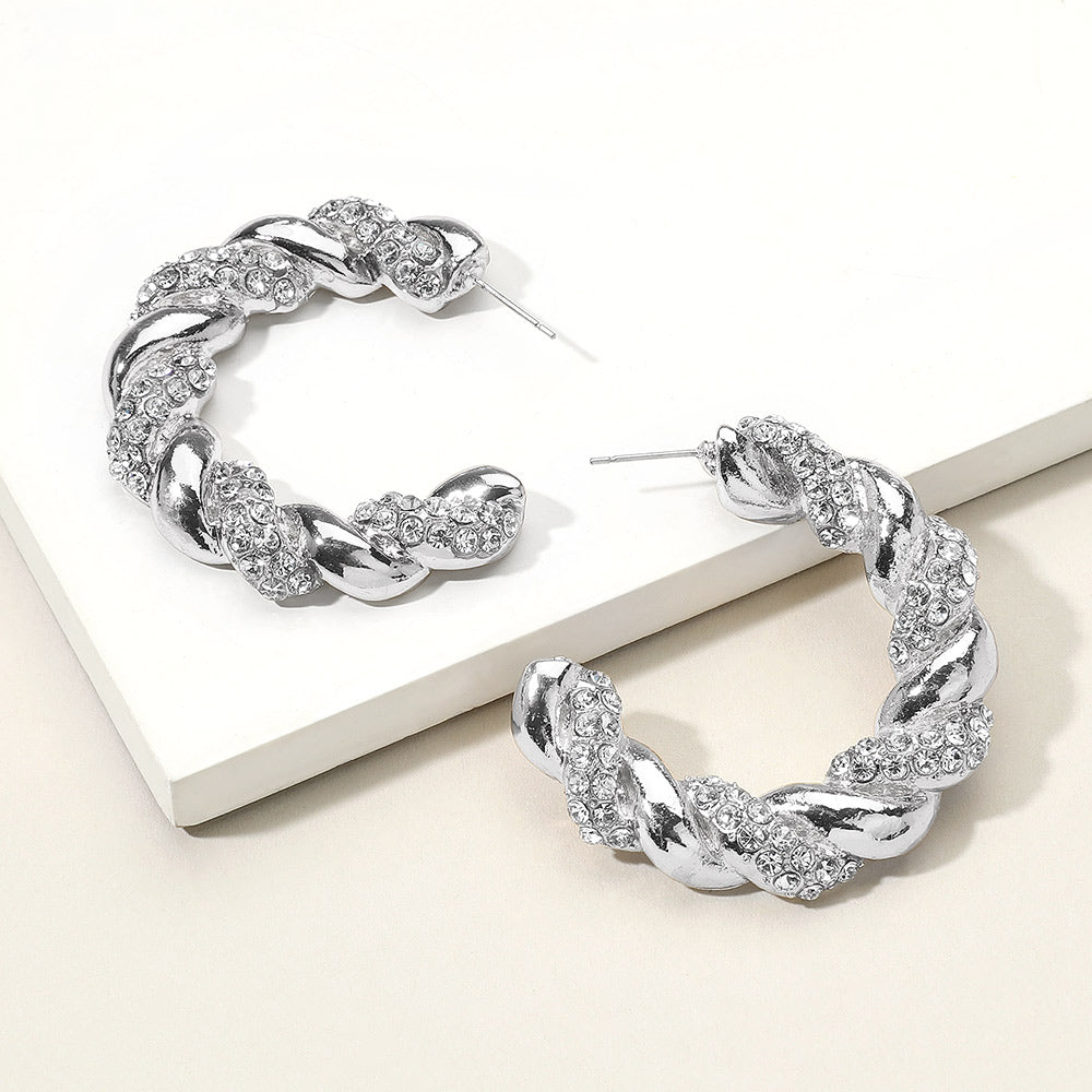 Madeline Love Rhodium Rhinestone Embellished Braided Metal Half Hoop Earrings