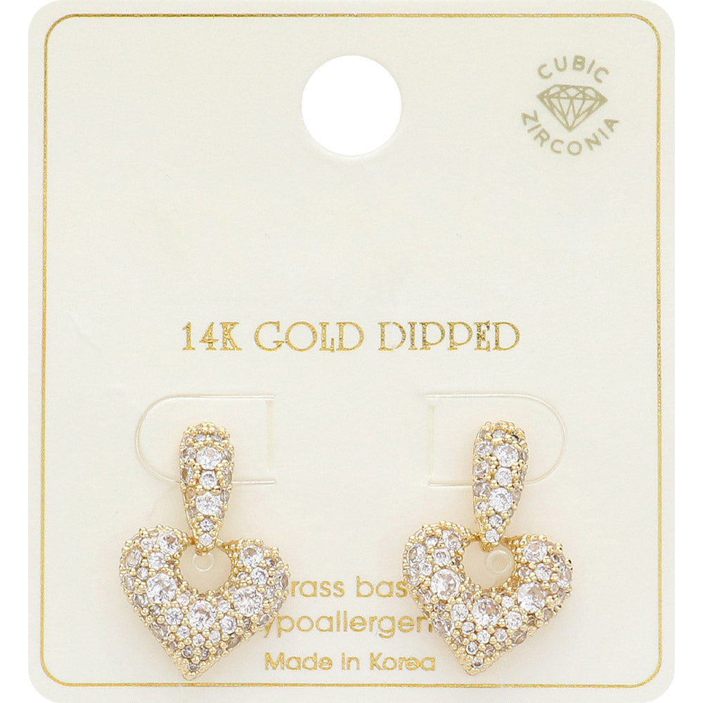 14K Gold Dipped CZ Stone Paved Heart Drop Earrings