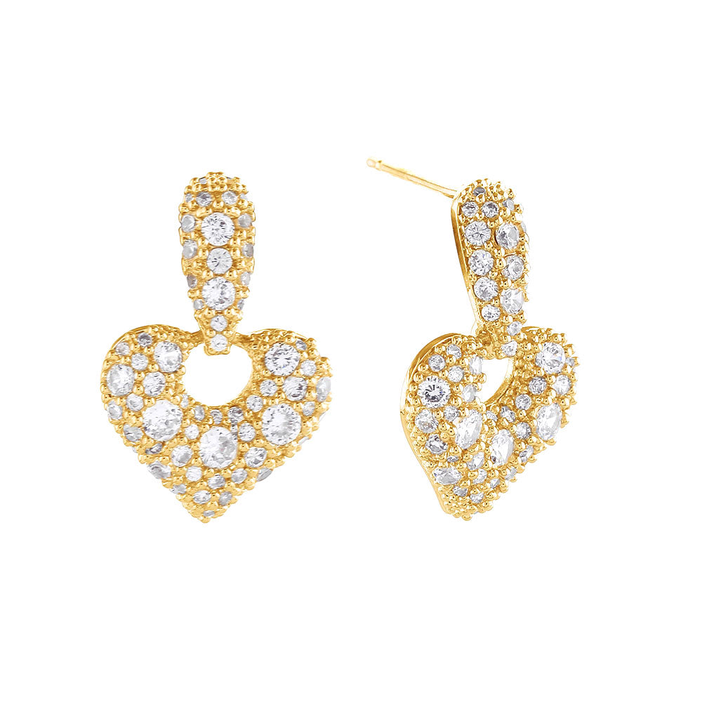 14K Gold Dipped CZ Stone Paved Heart Drop Earrings