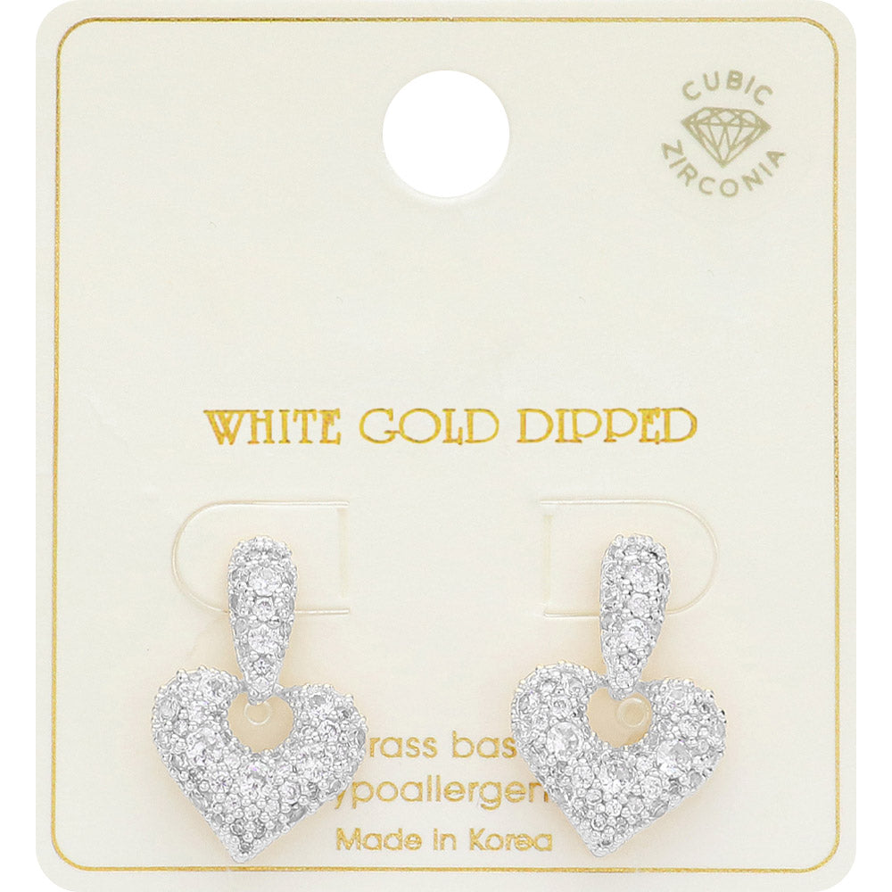 White Gold Dipped CZ Stone Paved Heart Drop Earrings