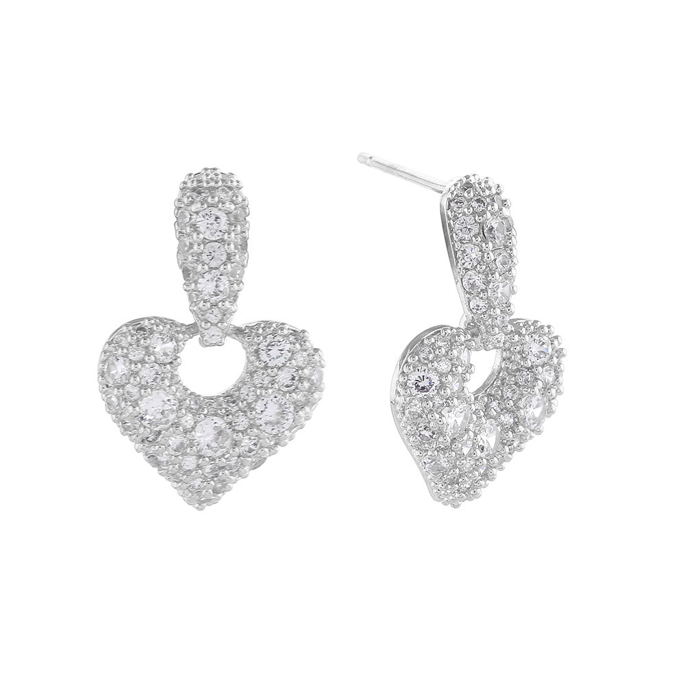 White Gold Dipped CZ Stone Paved Heart Drop Earrings