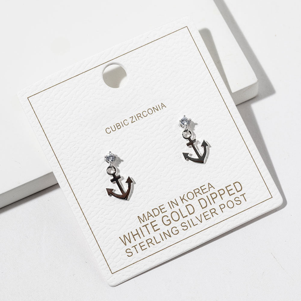 Madeline Love Clear, Rhodium White Gold Dipped CZ Accent Anchor Charm Drop Dangle Earrings - Jewelry - desc