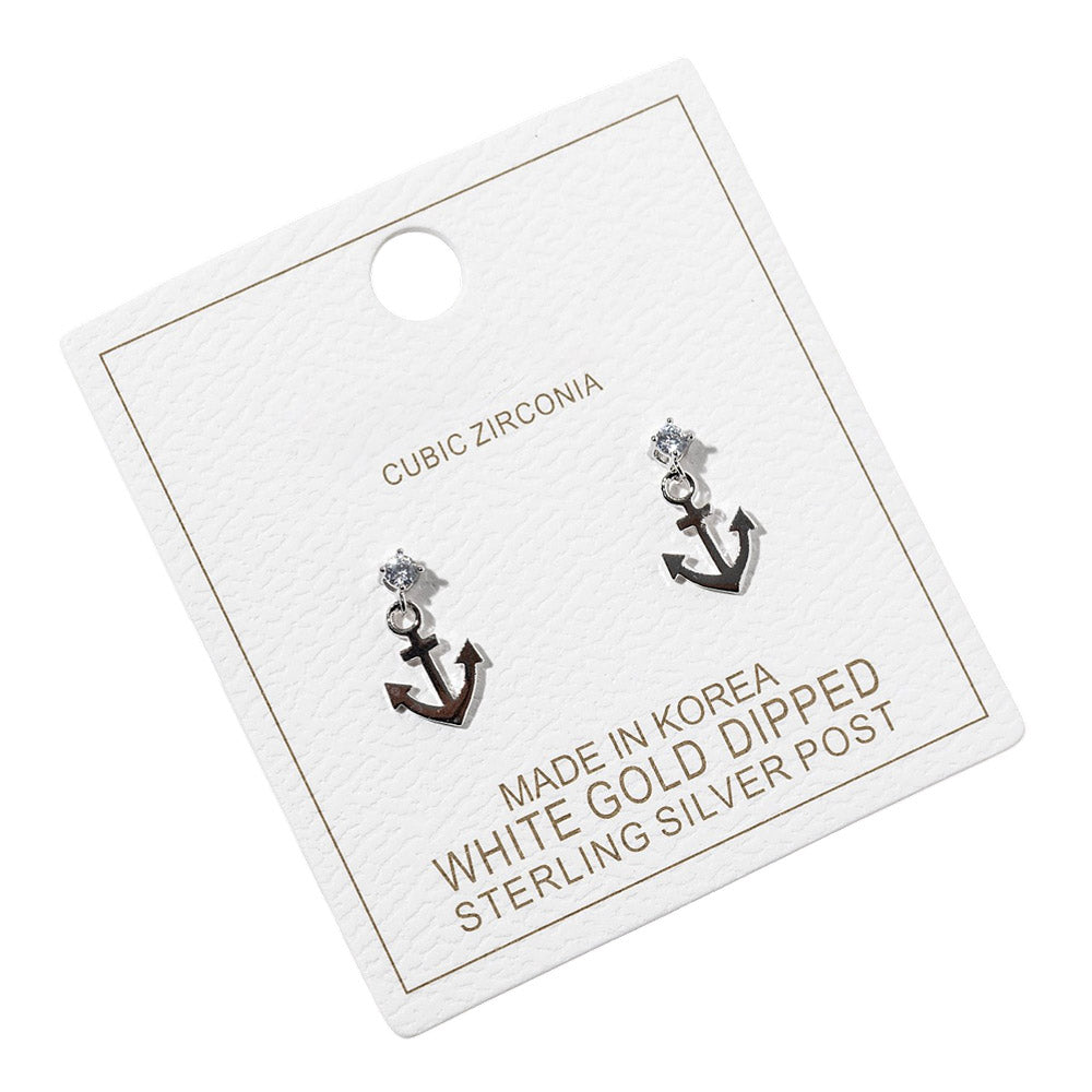 Madeline Love Clear, Rhodium White Gold Dipped CZ Accent Anchor Charm Drop Dangle Earrings - Jewelry - extra