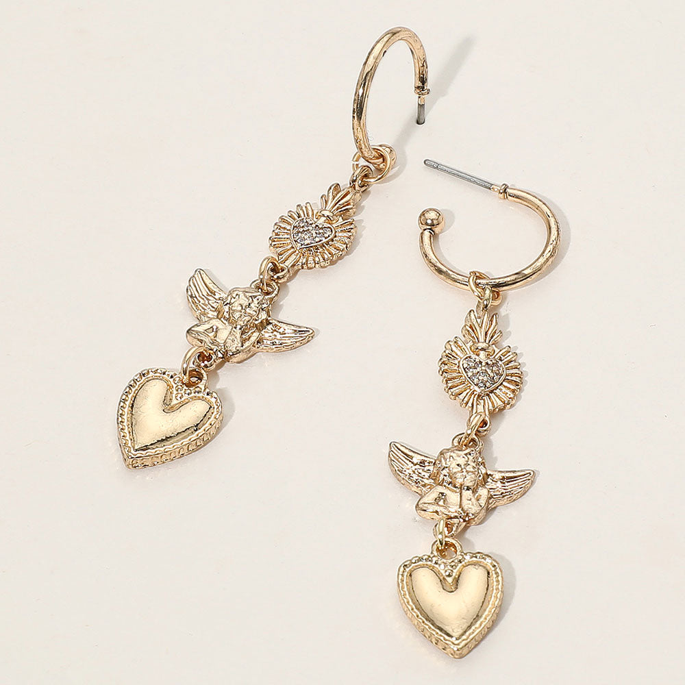 Madeline Love Antique Gold, Clear Rhinestone Paved Heart Vintage Angel Drop Earrings - Jewelry
