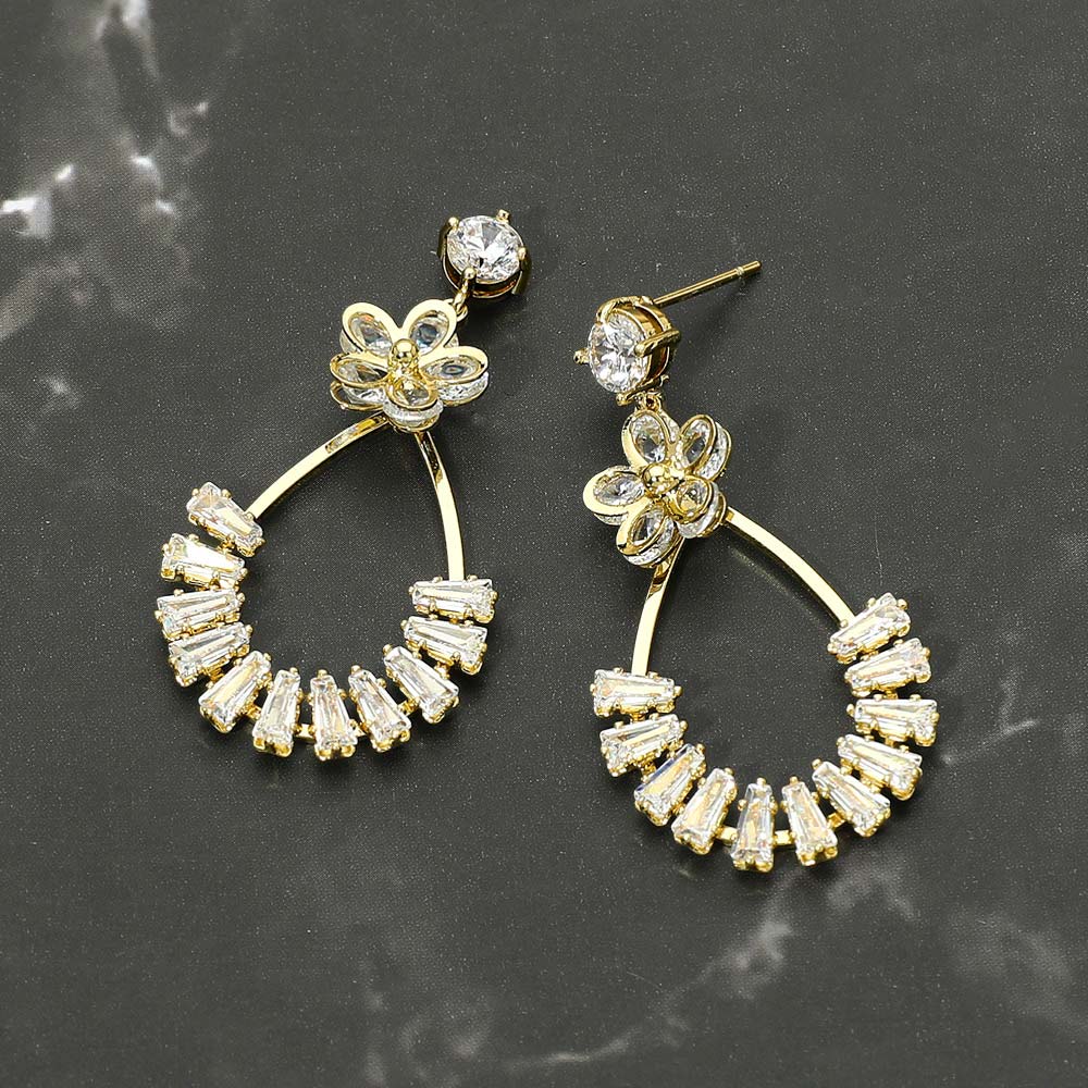 Madeline Love Gold Gold Dipped CZ Flower Accent Baguette Stone Cluster Embellished Teardrop Drop Earrings
