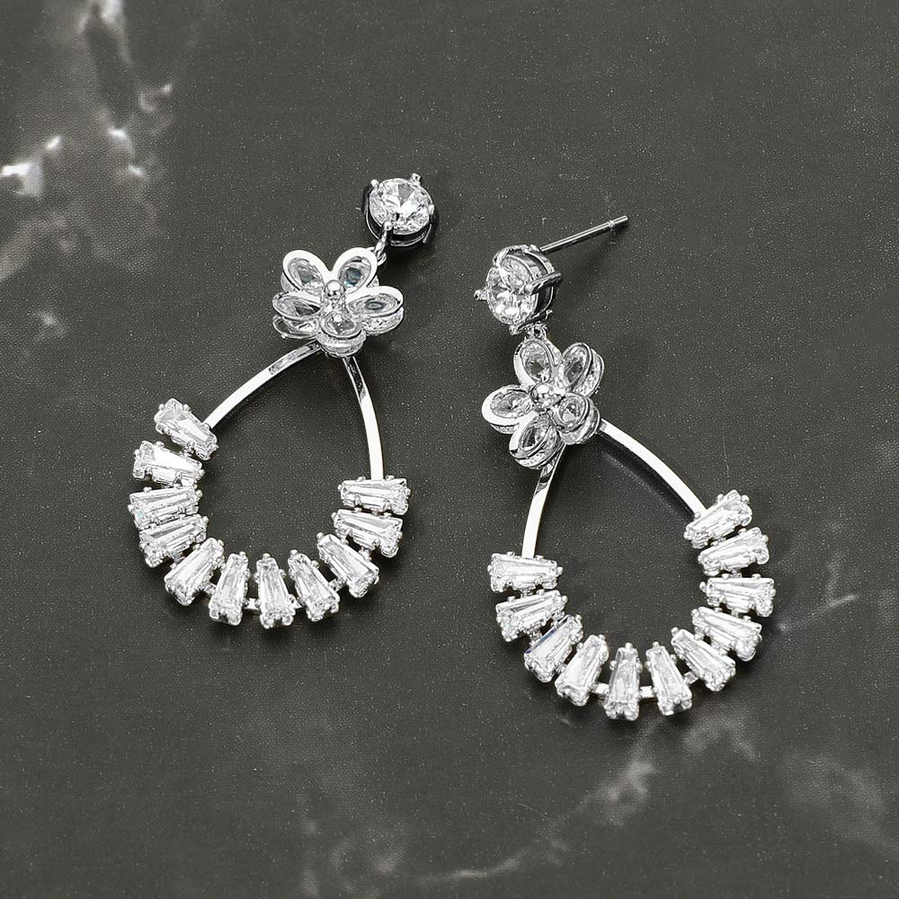 Madeline Love Rhodium White Gold Dipped CZ Flower Accent Baguette Stone Cluster Embellished Teardrop Drop Earrings