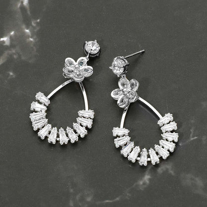 Madeline Love Rhodium White Gold Dipped CZ Flower Accent Baguette Stone Cluster Embellished Teardrop Drop Earrings