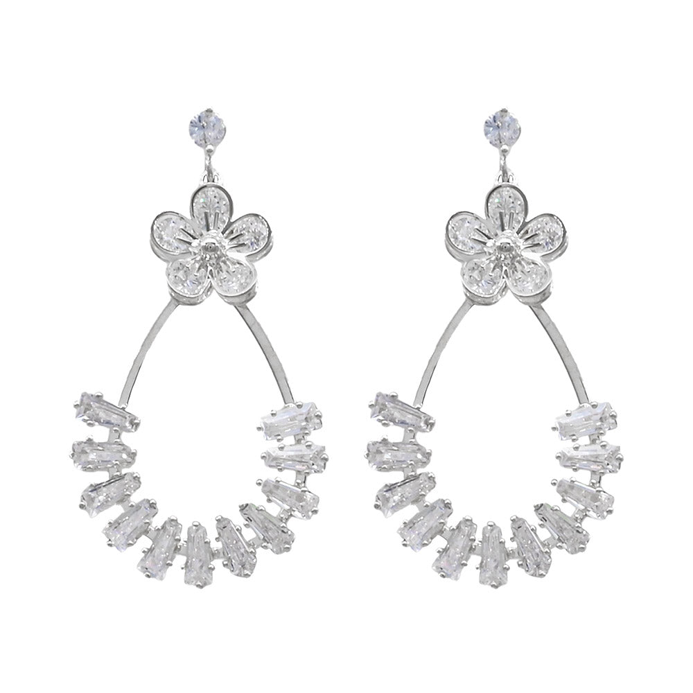 Madeline Love Rhodium White Gold Dipped CZ Flower Accent Baguette Stone Cluster Embellished Teardrop Drop Earrings - desc