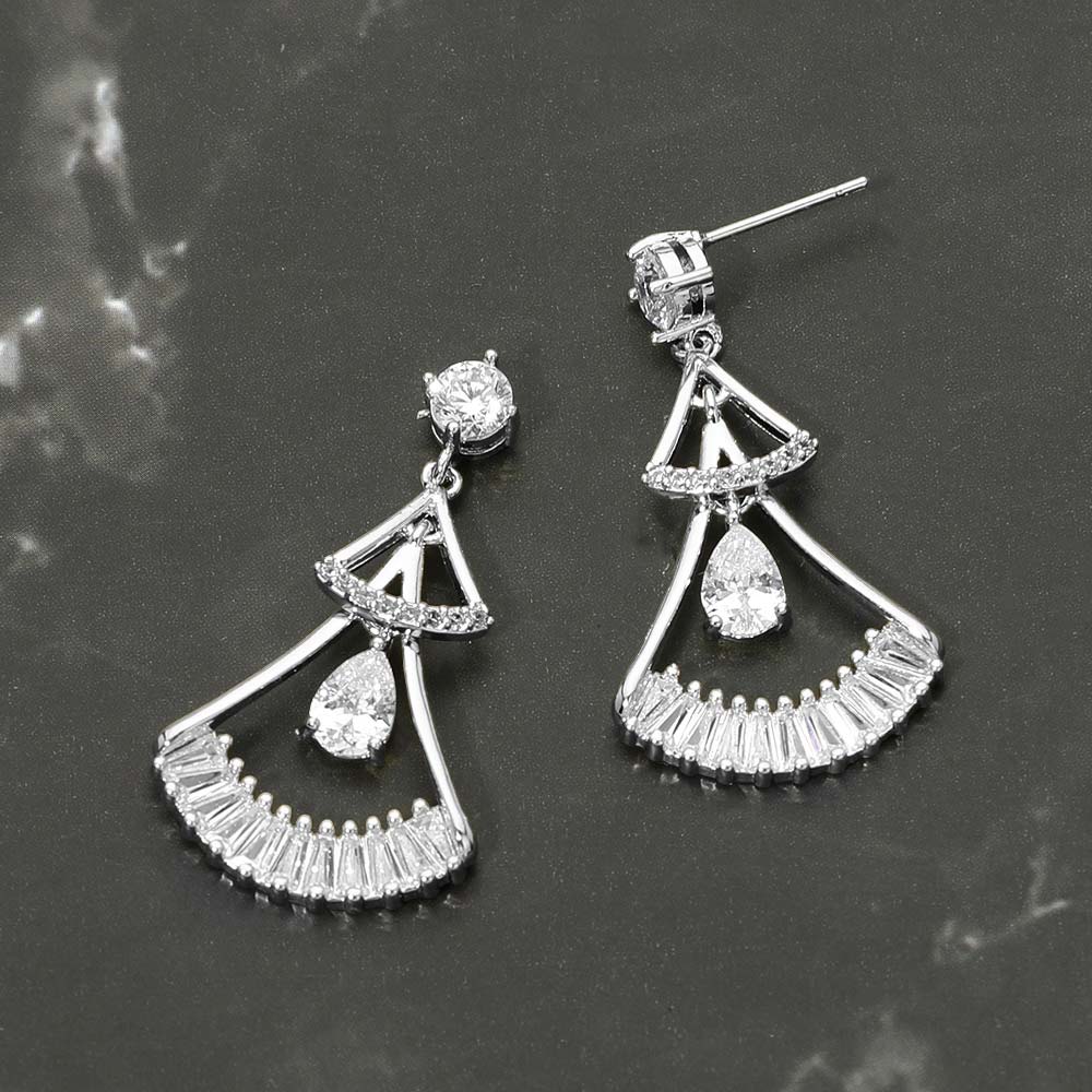 Madeline Love Rhodium White Gold Dipped Teardrop CZ Cluster Accent Fan Drop Earrings - Jewelry