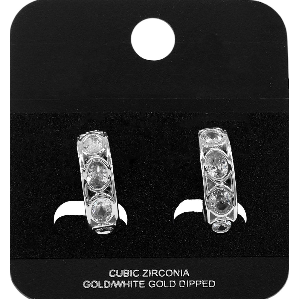 Madeline Love Rhodium White Gold Dipped Oval CZ Bezel Around Mini Open Hoop Earrings - Jewelry