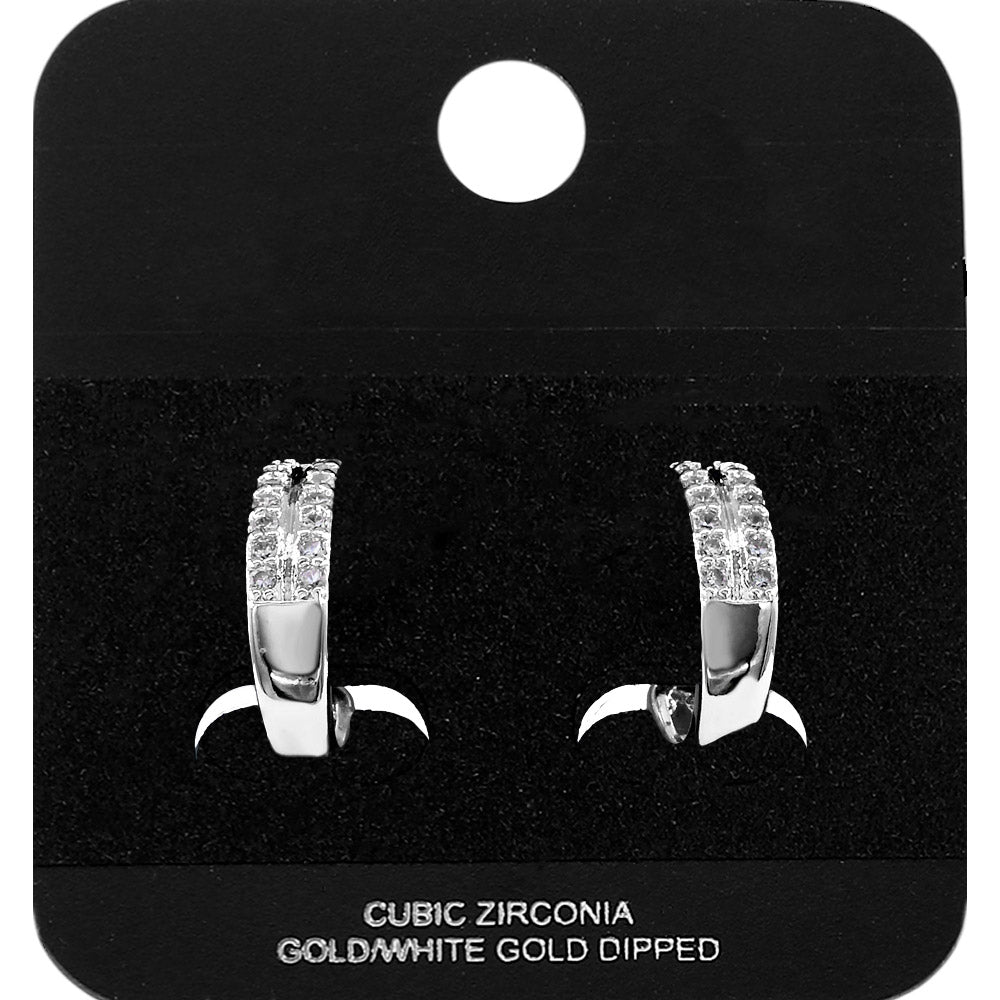 Madeline Love Rhodium White Gold Dipped Double Round CZ Row Mini Open Hoop Earrings - Jewelry