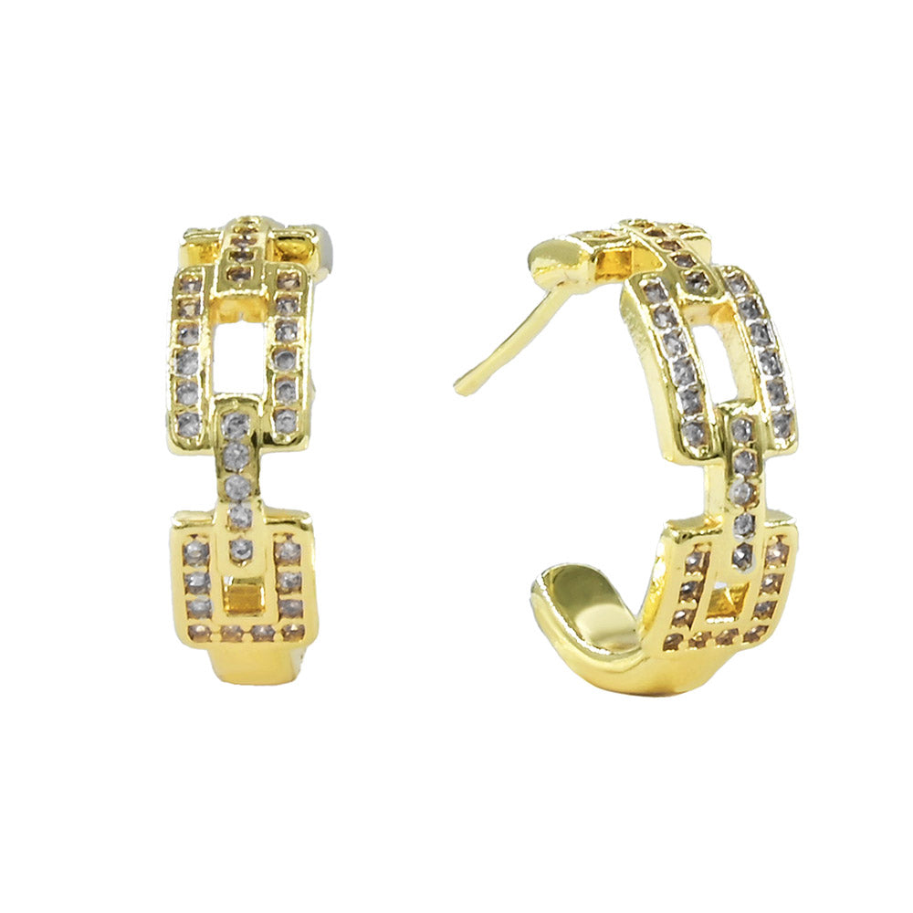 Madeline Love Gold Gold Dipped CZ Pave Geometric Link Mini Open Hoop Earrings - Hair Accessories - desc
