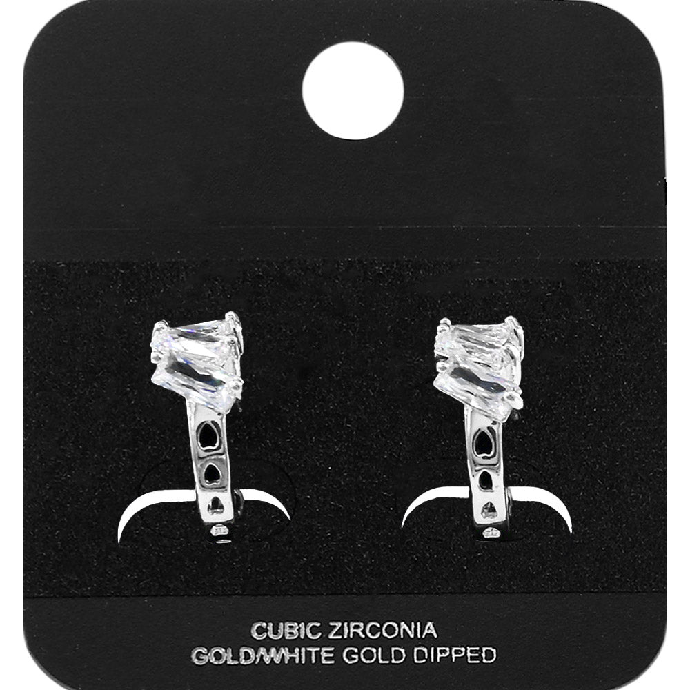 Madeline Love Rhodium White Gold Dipped Triple Baguette Cut CZ Cluster Accent Mini Open Hoop Earrings - Jewelry