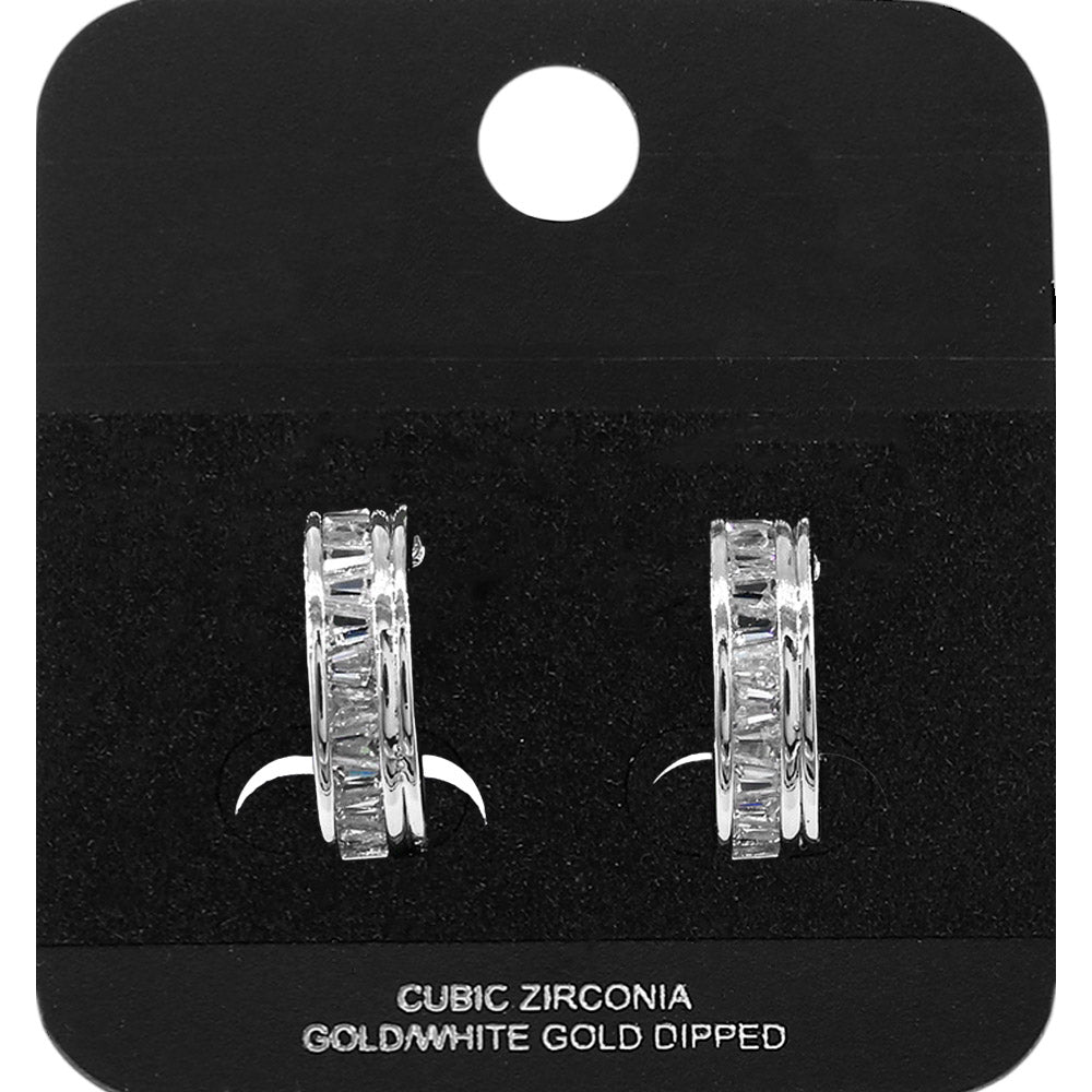 Madeline Love Rhodium White Gold Dipped Baguette CZ Embellished Mini Open Hoop Earrings - Jewelry