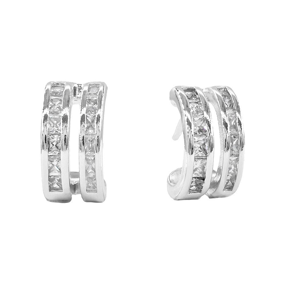 Madeline Love Rhodium White Gold Dipped Double CZ Row Mini Open Hoop Earrings - Hair Accessories - desc