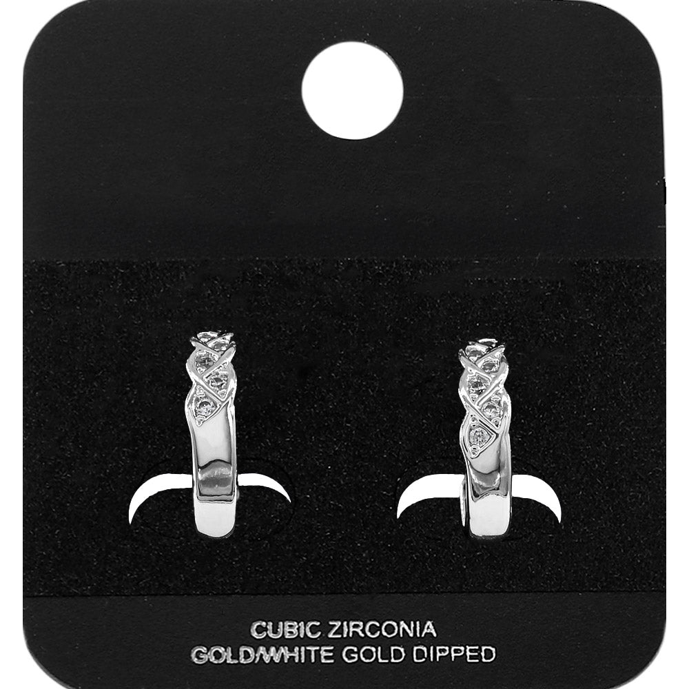 Madeline Love Rhodium White Gold Dipped CZ Embellished Twisted Mini Open Hoop Earrings - Jewelry
