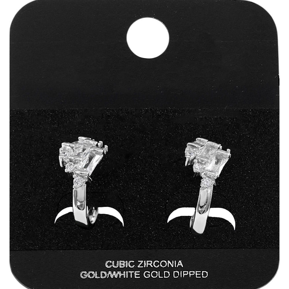 Madeline Love Rhodium White Gold Dipped Triple Baguette CZ Accent Mini Open Hoop Earrings - Jewelry
