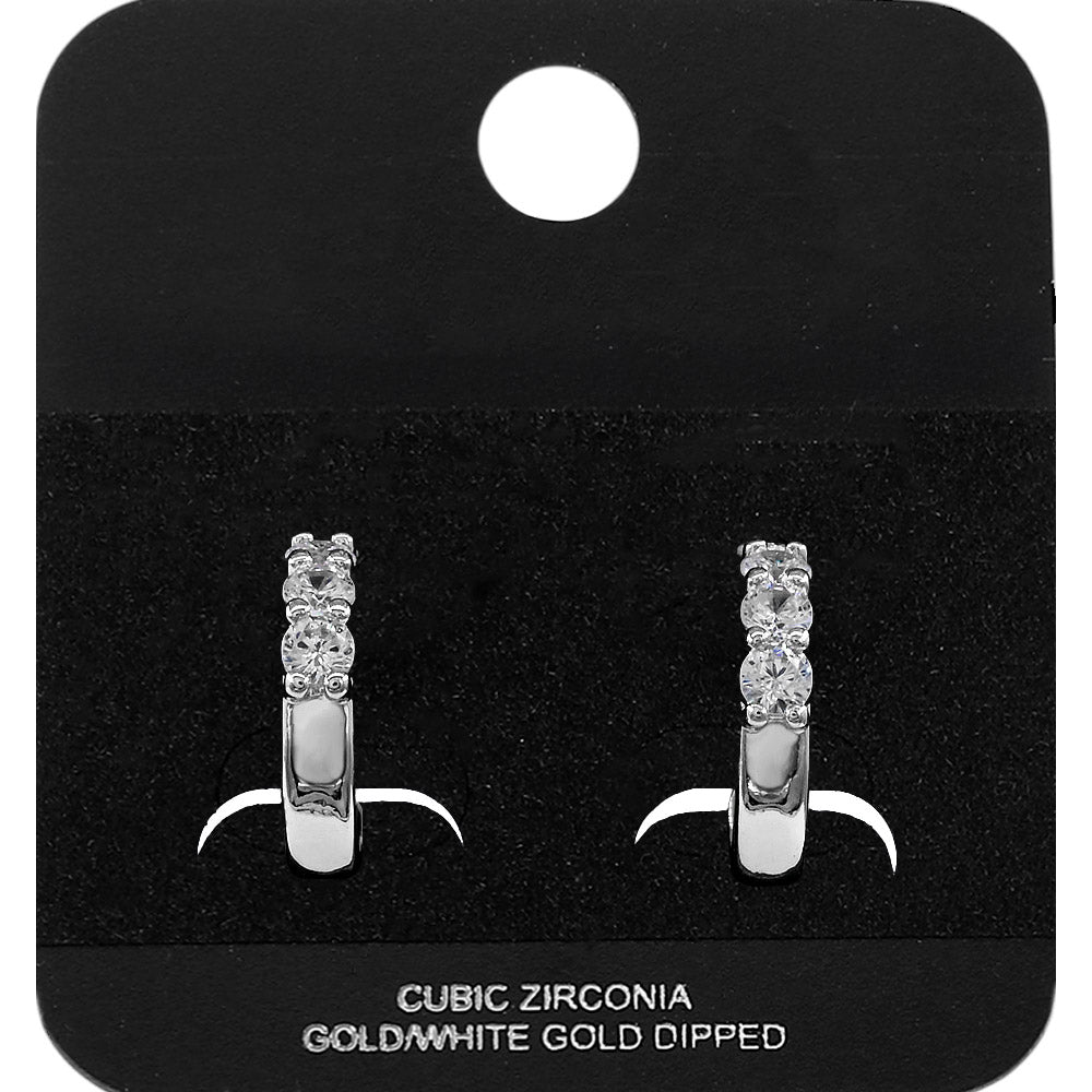 Madeline Love Rhodium White Gold Dipped Round CZ Stone Accent Mini Open Hoop Earrings