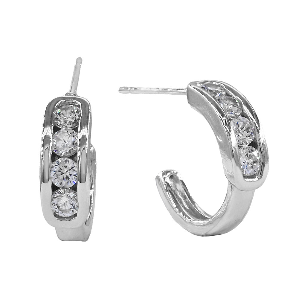 Madeline Love Rhodium White Gold Dipped Round CZ Channel Mini Open Hoop Earrings - Hair Accessories - desc