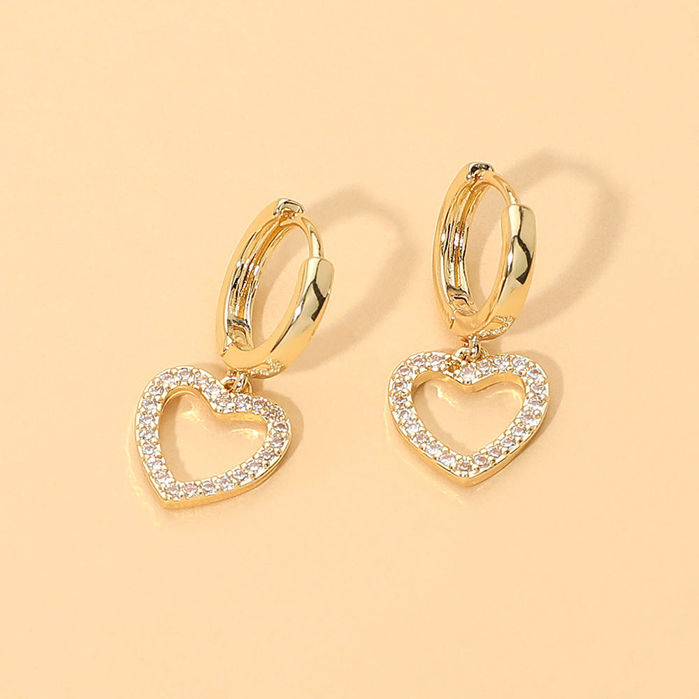 Madeline Love Gold Stone Pave Open Heart Charm Drop Dangle Huggie Hoop Earrings