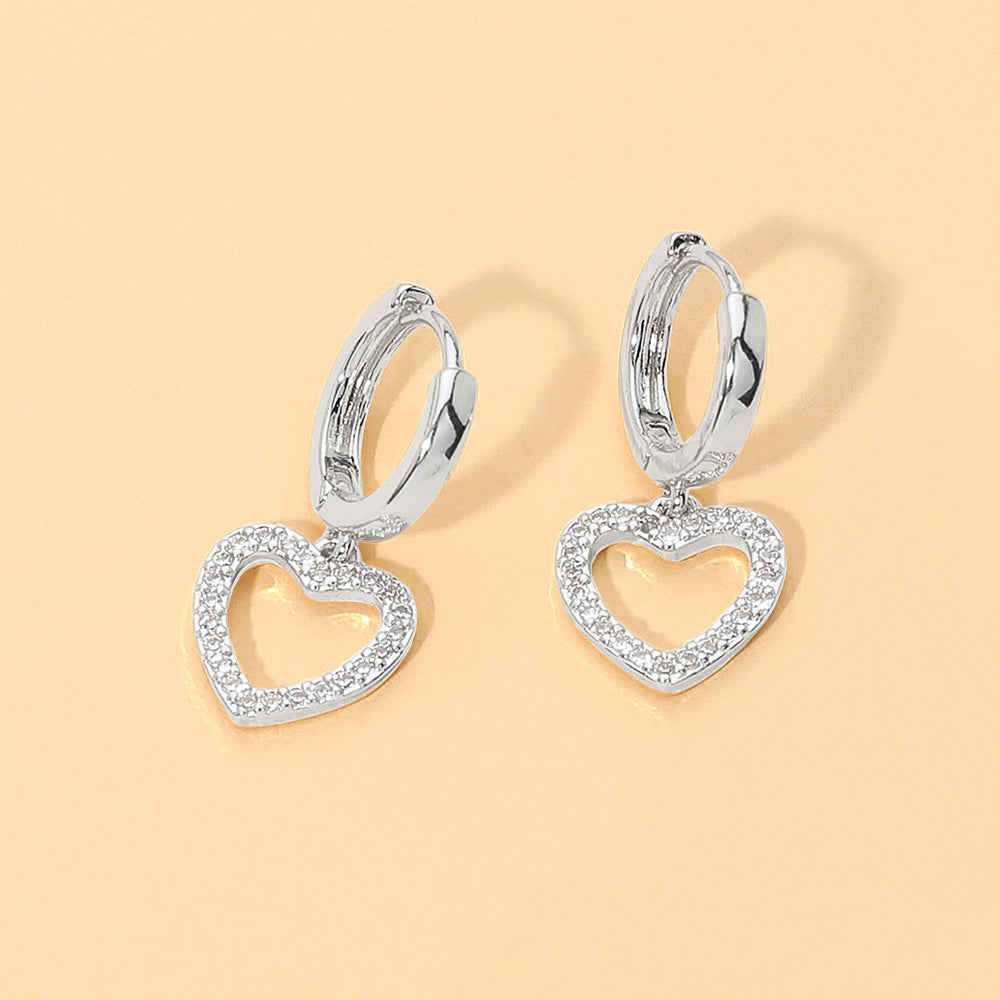 Madeline Love Rhodium Stone Pave Open Heart Charm Drop Dangle Huggie Hoop Earrings
