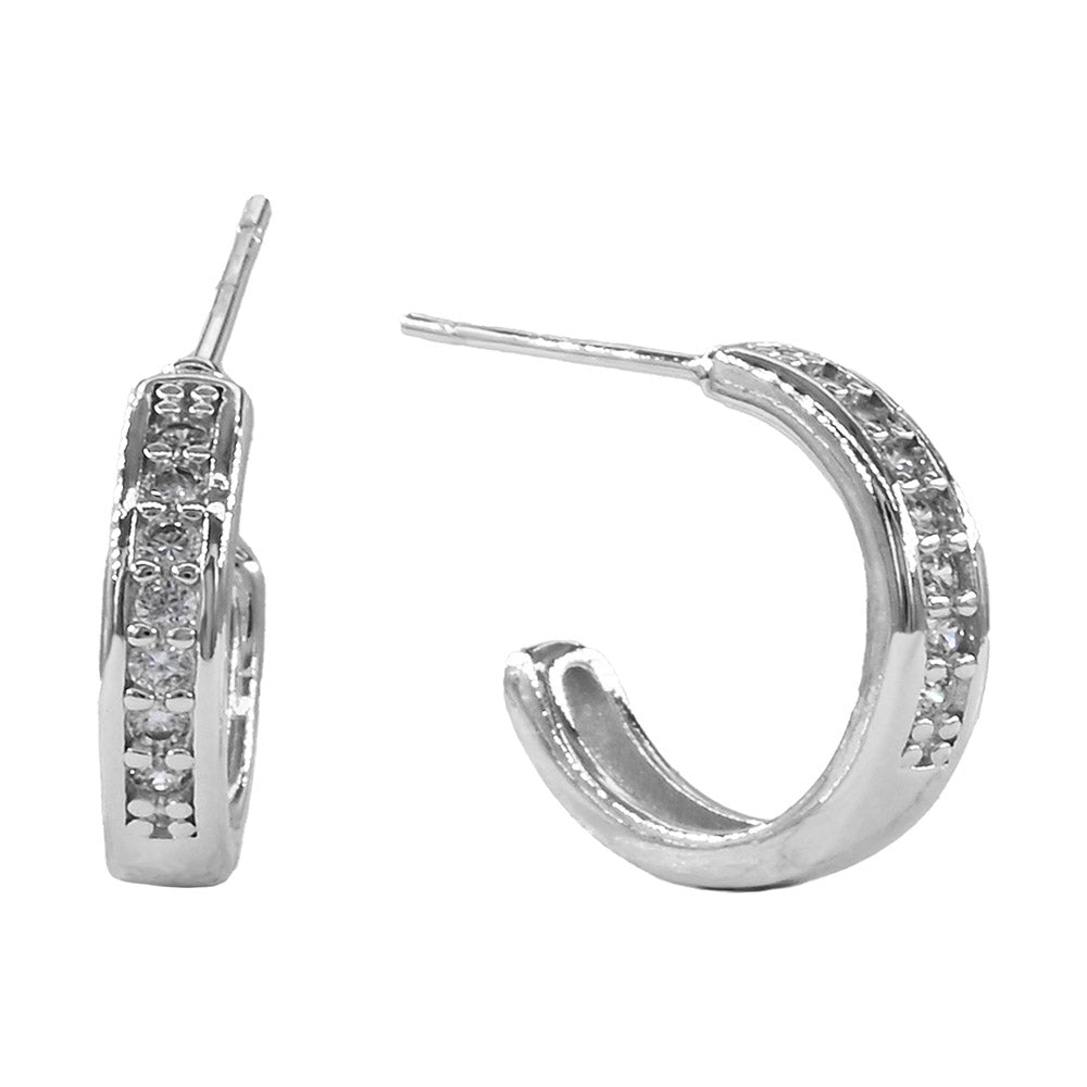 Madeline Love Rhodium White Gold Dipped CZ Channel Mini Open Hoop Earrings - Hair Accessories - desc