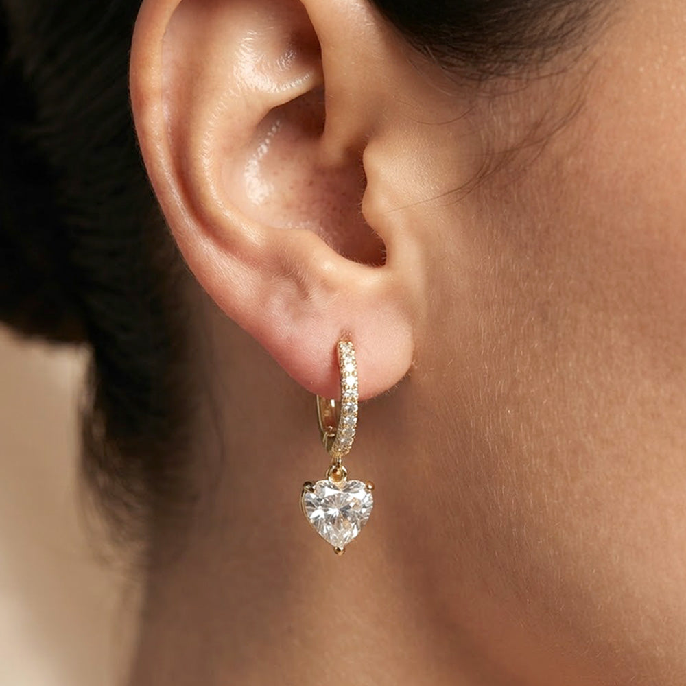 Madeline Love Gold Gold Dipped CZ Heart Stone Charm Drop Huggie Hoop Earrings