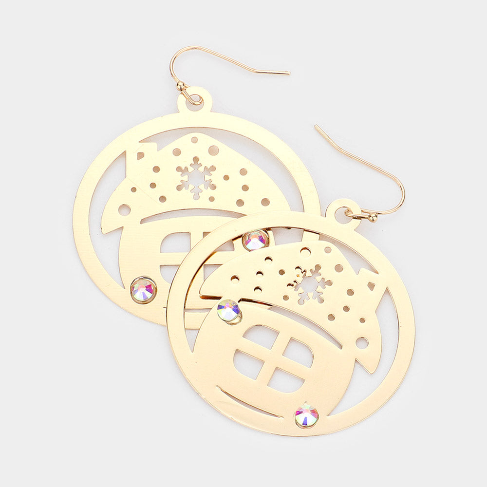 Madeline Love Gold Stone Embellished Cutout Christmas House Brass Metal Round Dangle Earrings - Jewelry