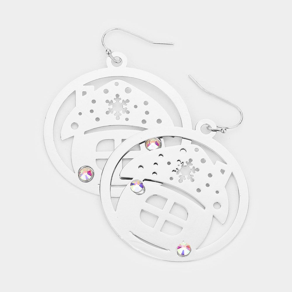 Madeline Love Silver Stone Embellished Cutout Christmas House Brass Metal Round Dangle Earrings - Jewelry