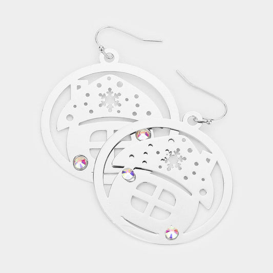 Madeline Love Silver Stone Embellished Cutout Christmas House Brass Metal Round Dangle Earrings - Jewelry