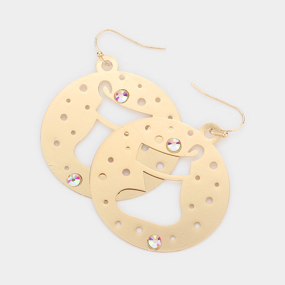 Madeline Love Gold Stone Embellished Cutout Christmas Socks Brass Metal Round Dangle Earrings - Jewelry
