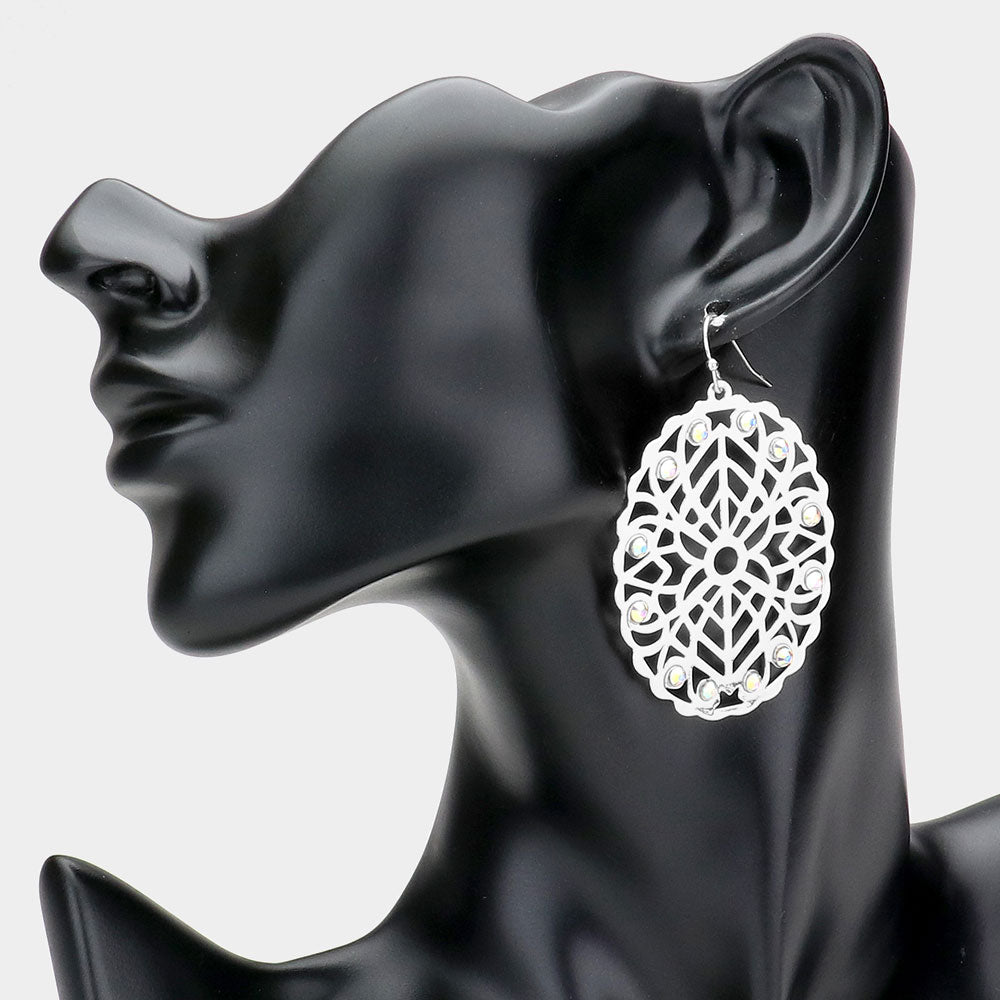 Madeline Love Silver Stone Embellished Brass Metal Patterned Oval Dangle Earrings - Jewelry