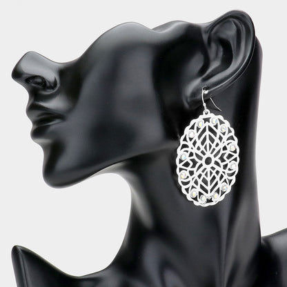 Madeline Love Silver Stone Embellished Brass Metal Patterned Oval Dangle Earrings - Jewelry