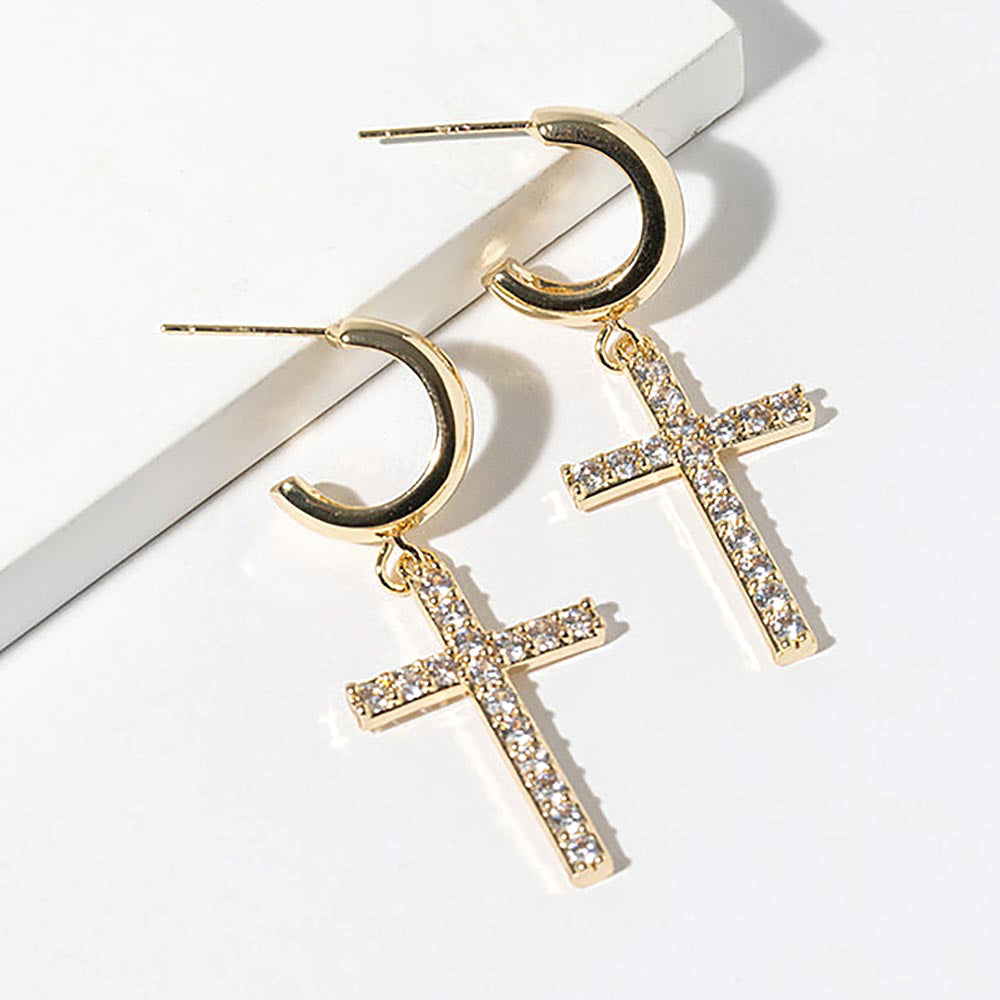 Madeline Love Clear, Gold Gold Dipped CZ Stone Paved Cross Drop Dangle Mini Hoop Earrings