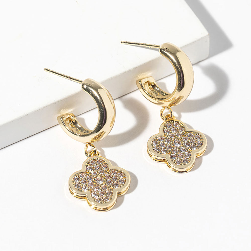 Madeline Love Clear, Gold Gold Dipped CZ Stone Paved Quatrefoil Drop Dangle Mini Hoop Earrings - Hair Accessories