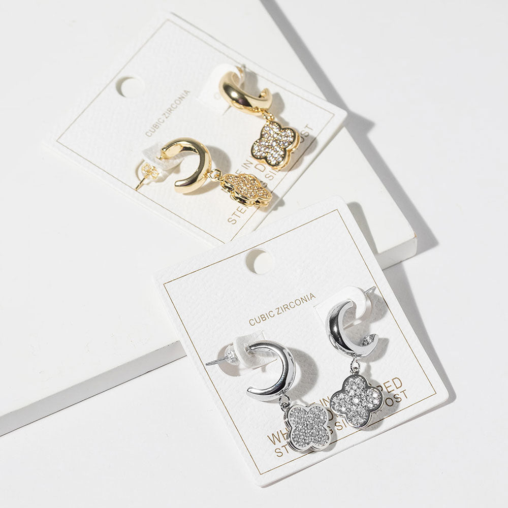 Madeline Love Clear, Gold Gold Dipped CZ Stone Paved Quatrefoil Drop Dangle Mini Hoop Earrings - Hair Accessories - extra